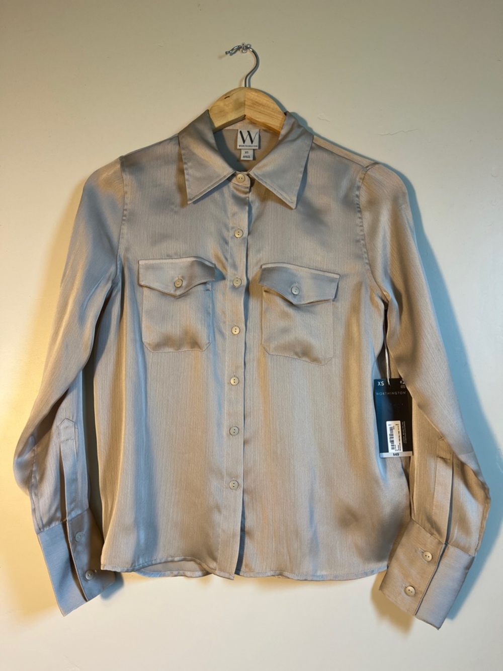 W by Worth Beige Satin Button-Up Blouse